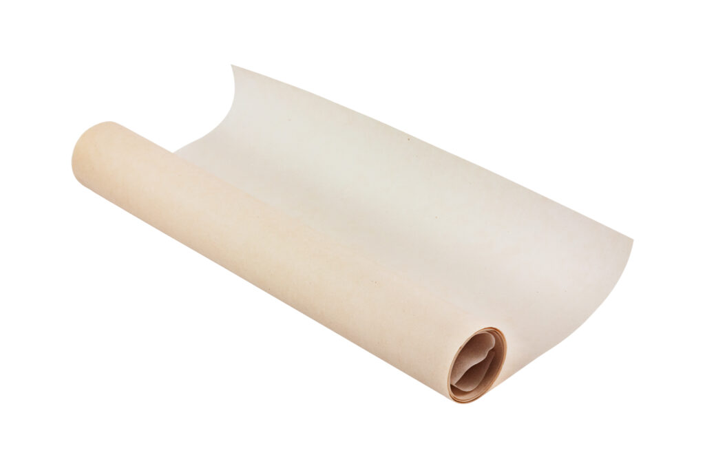 One new unfolded roll of clean baking paper brown color isolated on white background